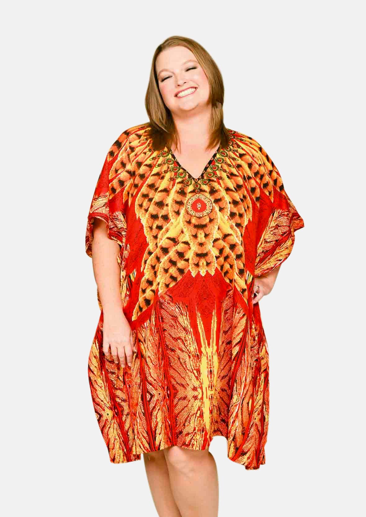 feather print red kaftan with pockets #color_Red Yellow