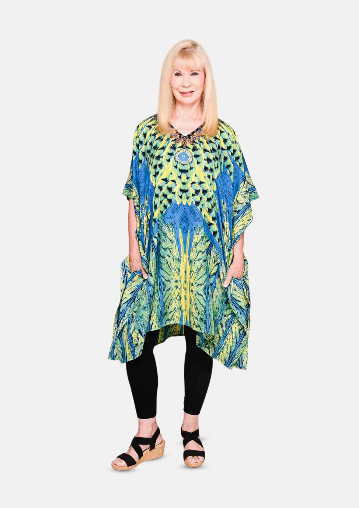 feather print turquoise kaftan with pockets #color_Turquoise Lime