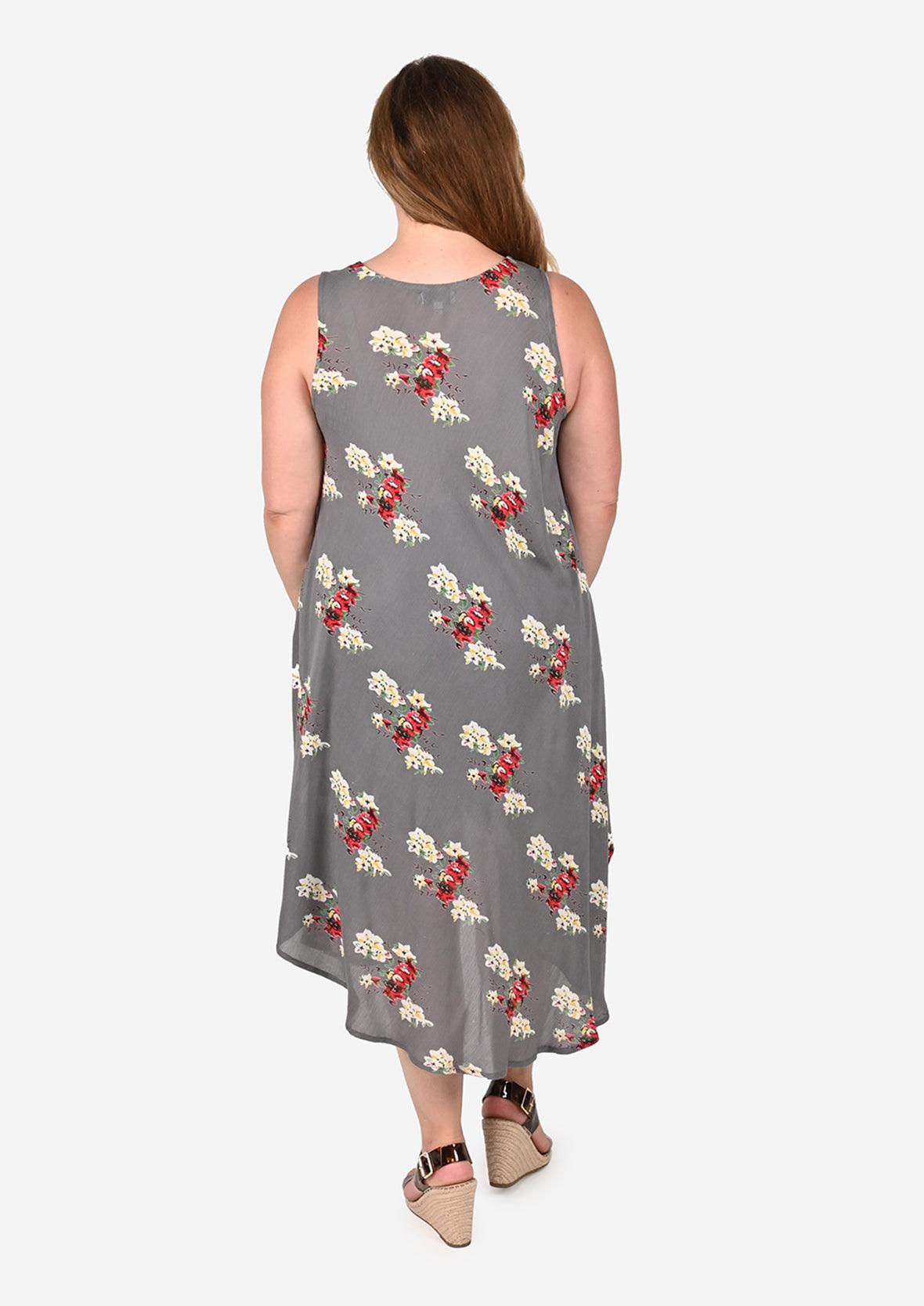 back side of floral sleeveless gray umbrella dress #color_Fossil Gray