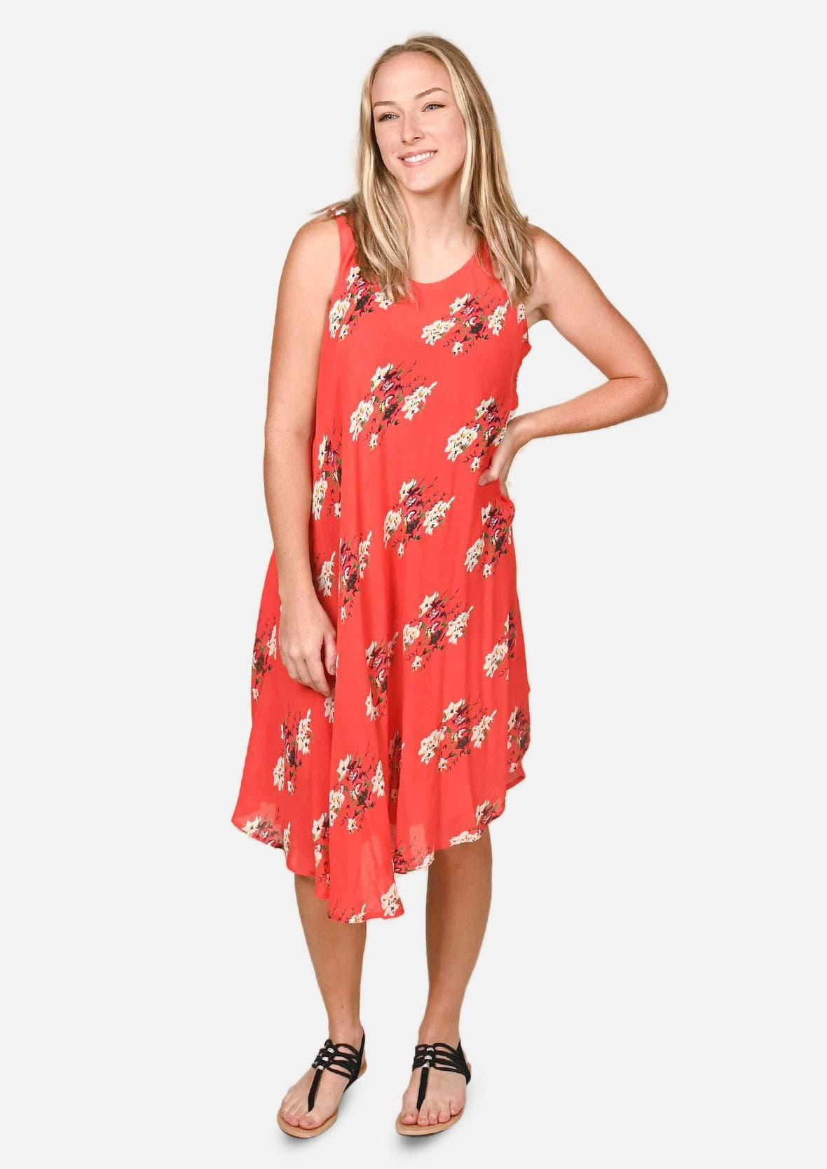 floral sleeveless red umbrella dress #color_Candy Red