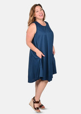 sleeveless blue umbrella dress with pockets #color_Aegean Blue