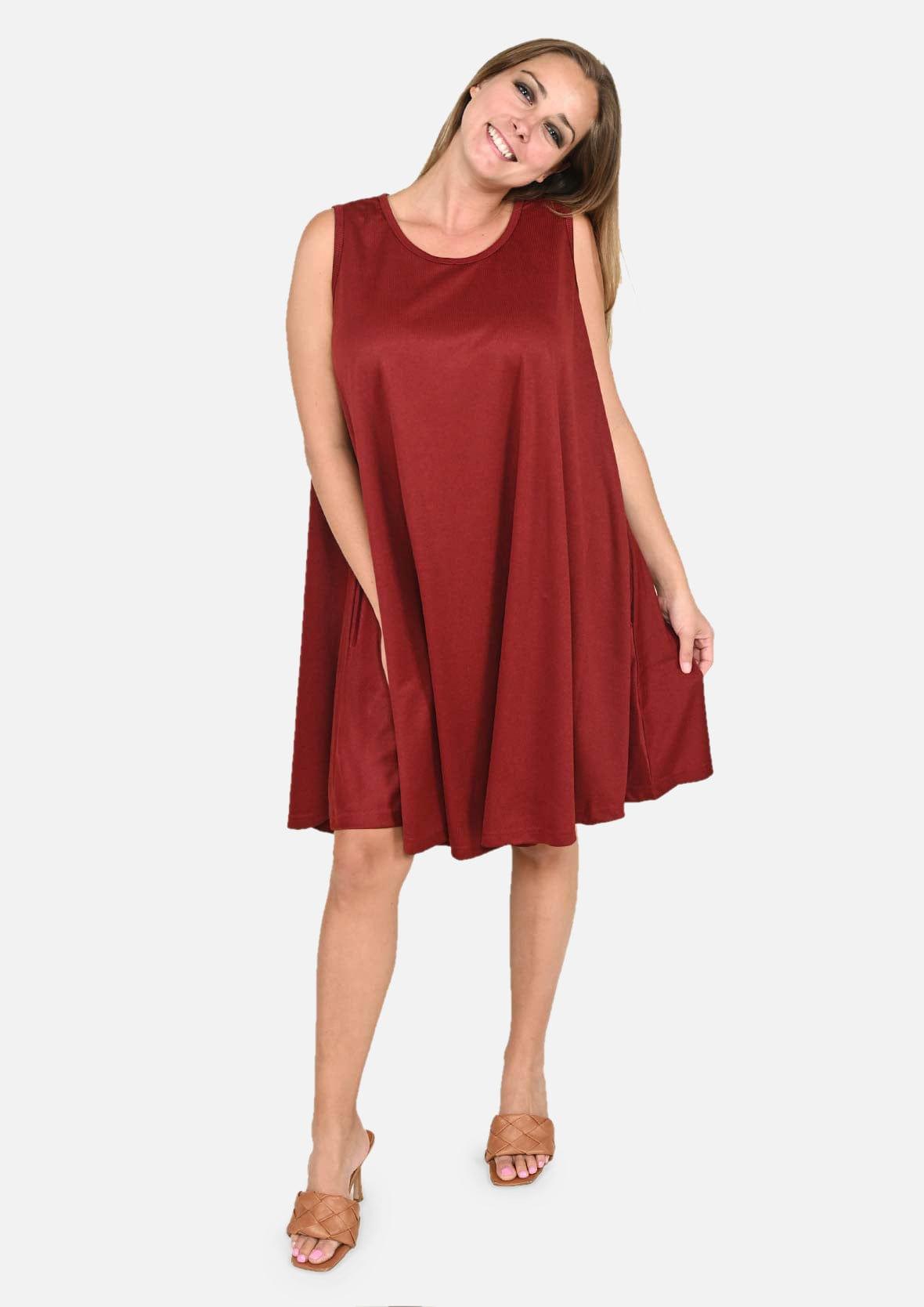 sleeveless red umbrella dress with pockets #color_Berry Red