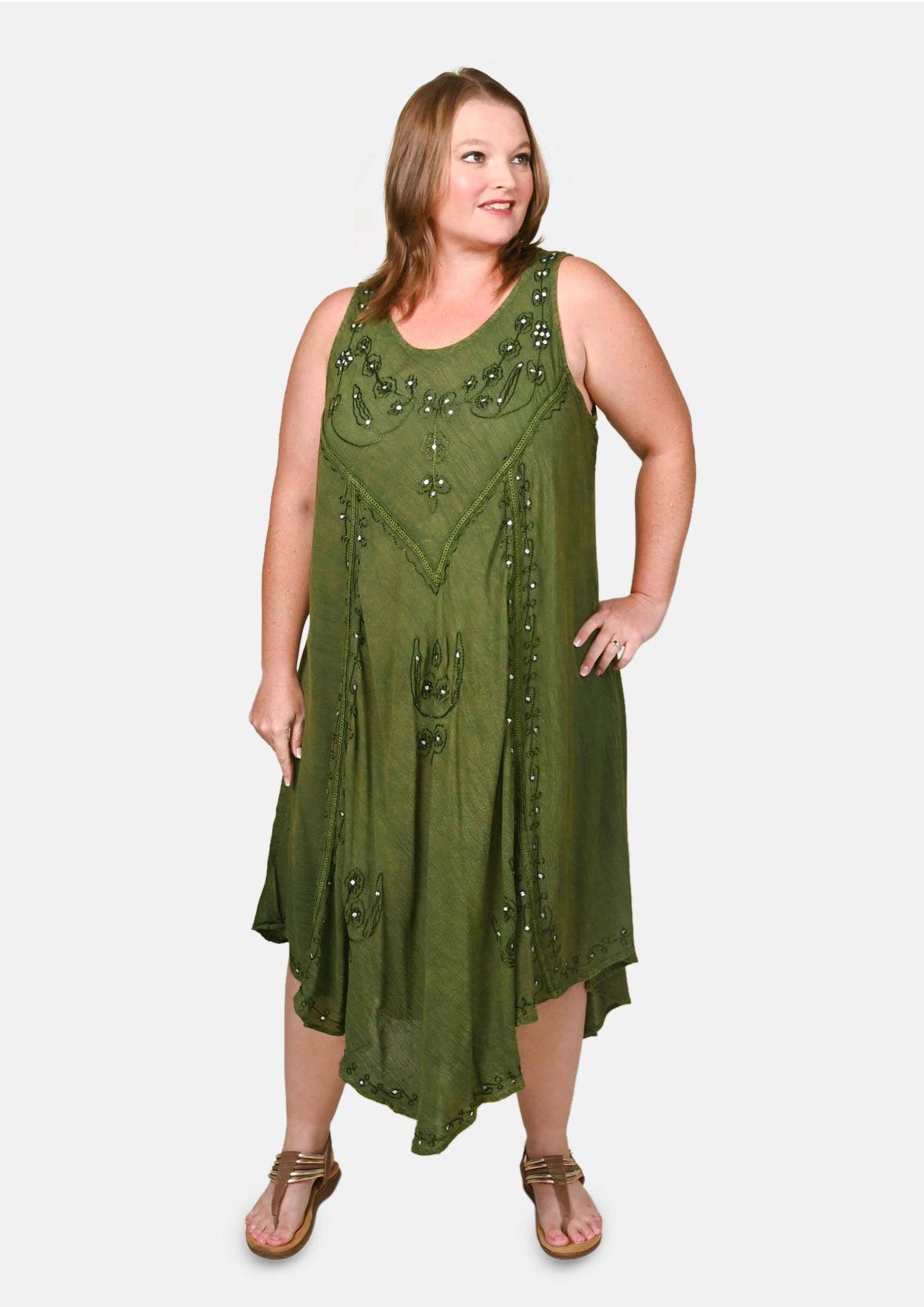 sequin embroidered olive umbrella dress #color_Dark Olive