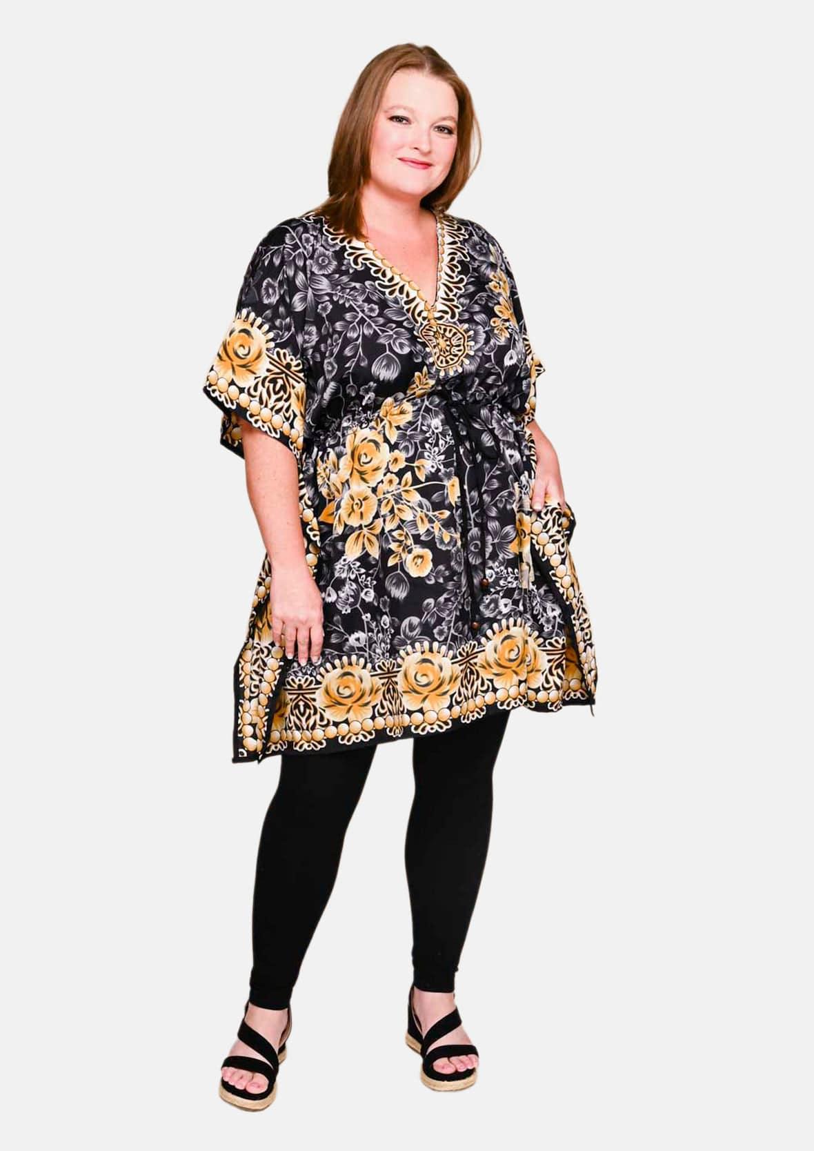 floral gray kaftan with side pockets #color_Gray Yellow Floral