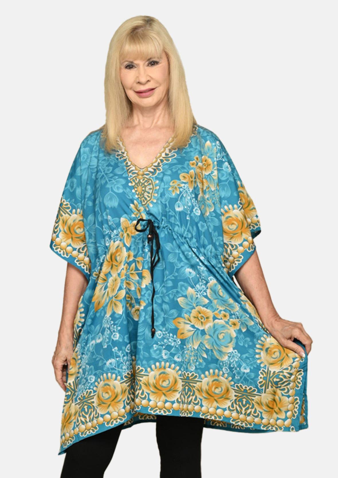 floral turquoise kaftan with side pockets #color_Turquoise Yellow Floral