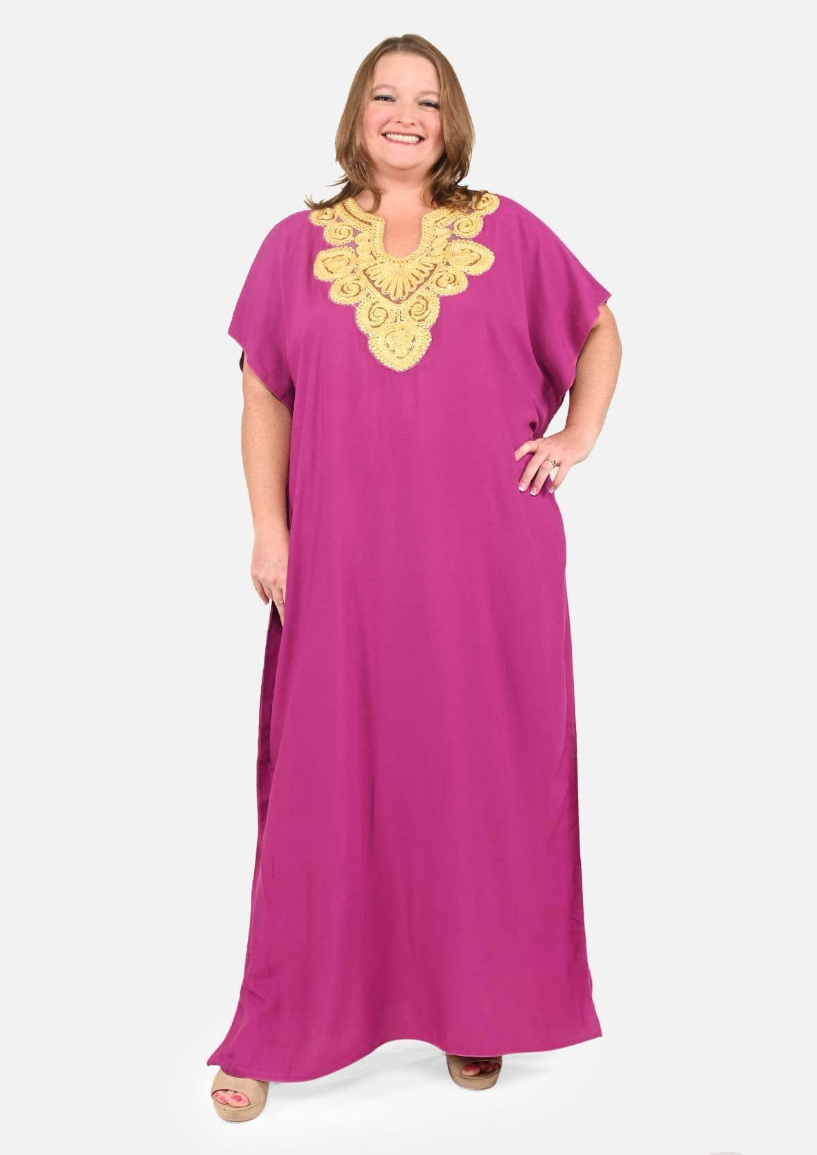 pink maxi kaftan with embroidered neck #color_Dark Rouge Pink