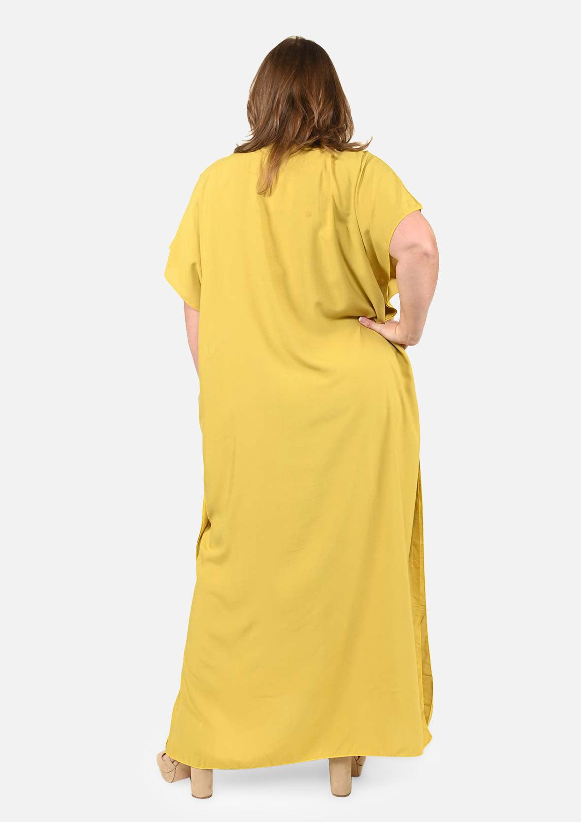 back side of yellow maxi kaftan with embroidered neck #color_Citrine Yellow