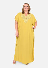 yellow maxi kaftan with embroidered neck #color_Citrine Yellow