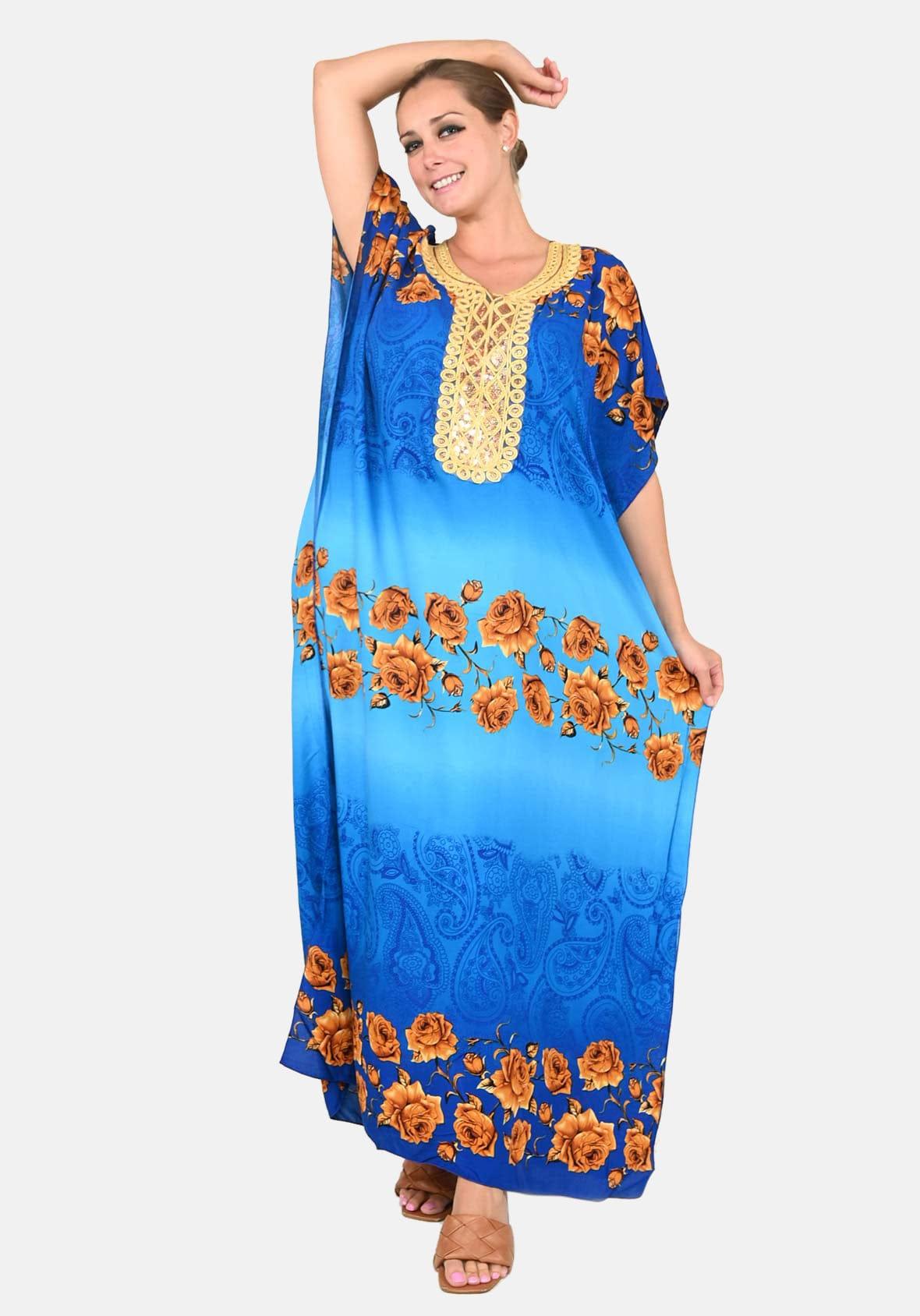 rose print embroidered neck blue maxi kaftan #color_Blue Rose