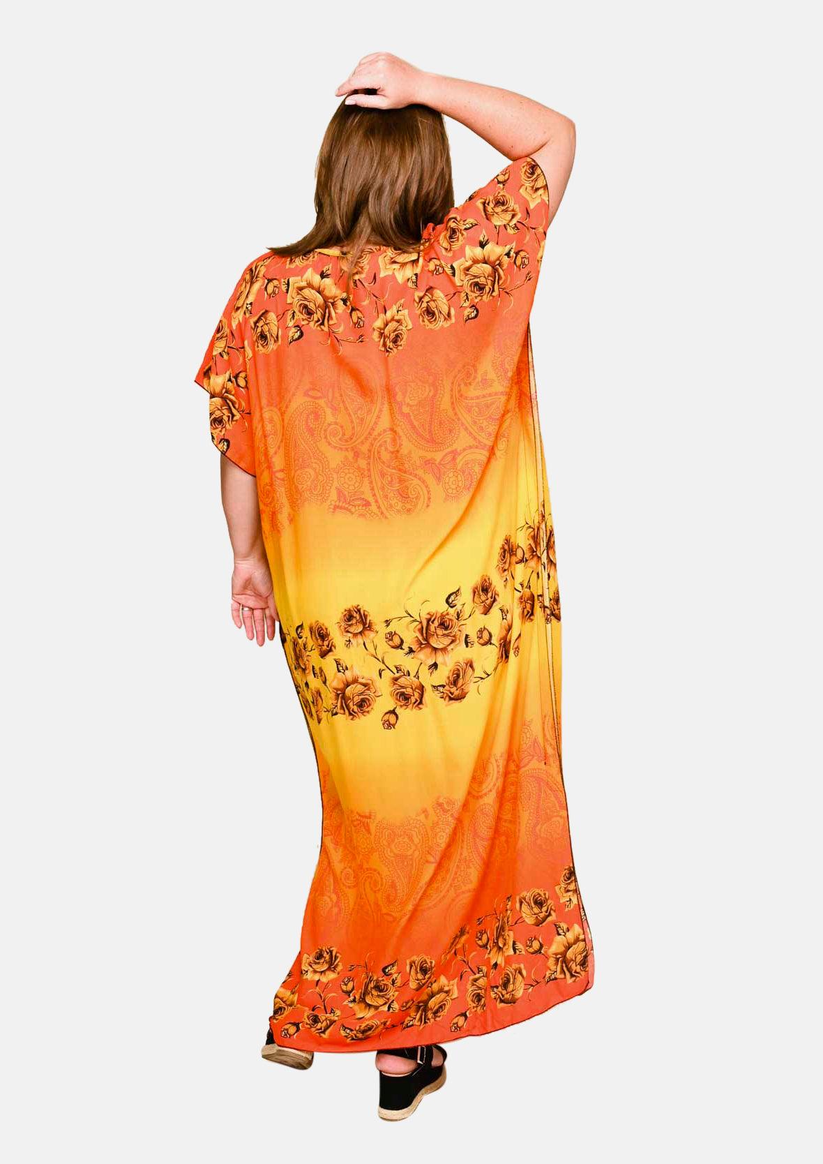 back side of rose print embroidered neck yellow maxi kaftan #color_Yellow Orange