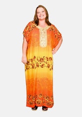 rose print embroidered neck yellow maxi kaftan #color_Yellow Orange