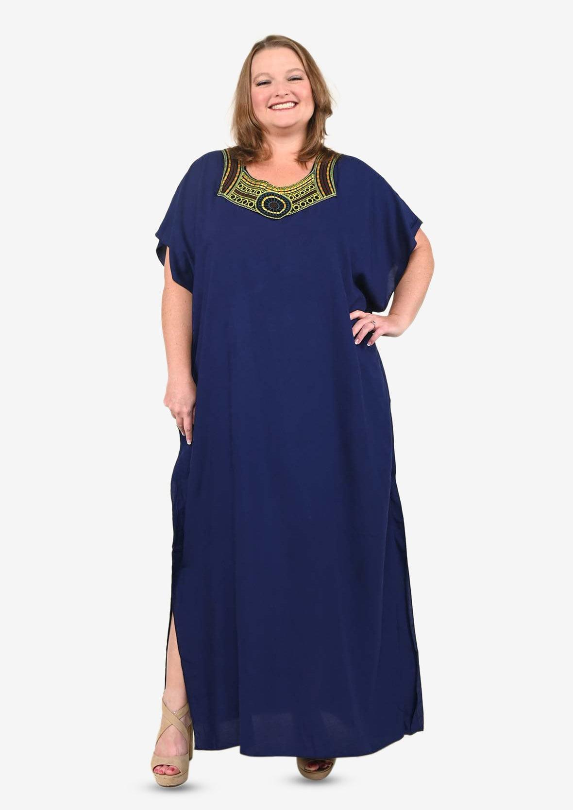 embroidered neck navy maxi kaftan #color_Navy, Multi  Embroidery