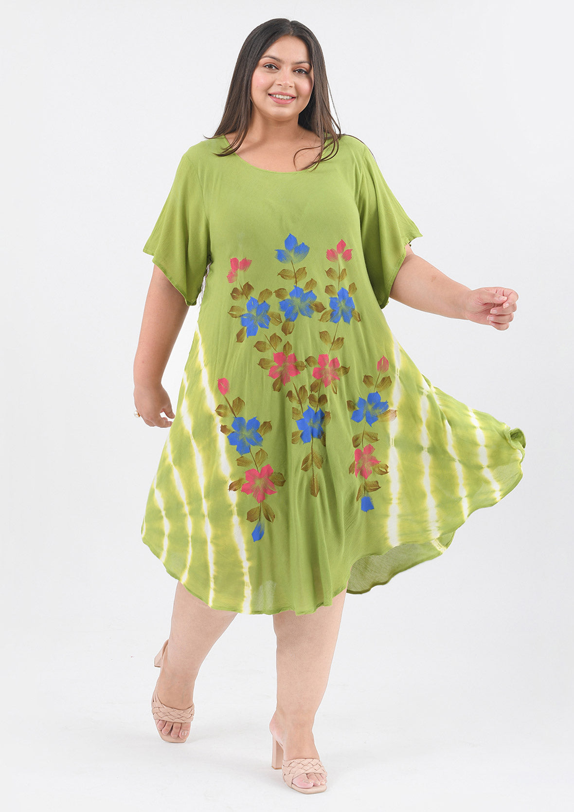 lady wearing olive umbrella dress with cold-shoulder #color_Olive Base Floral