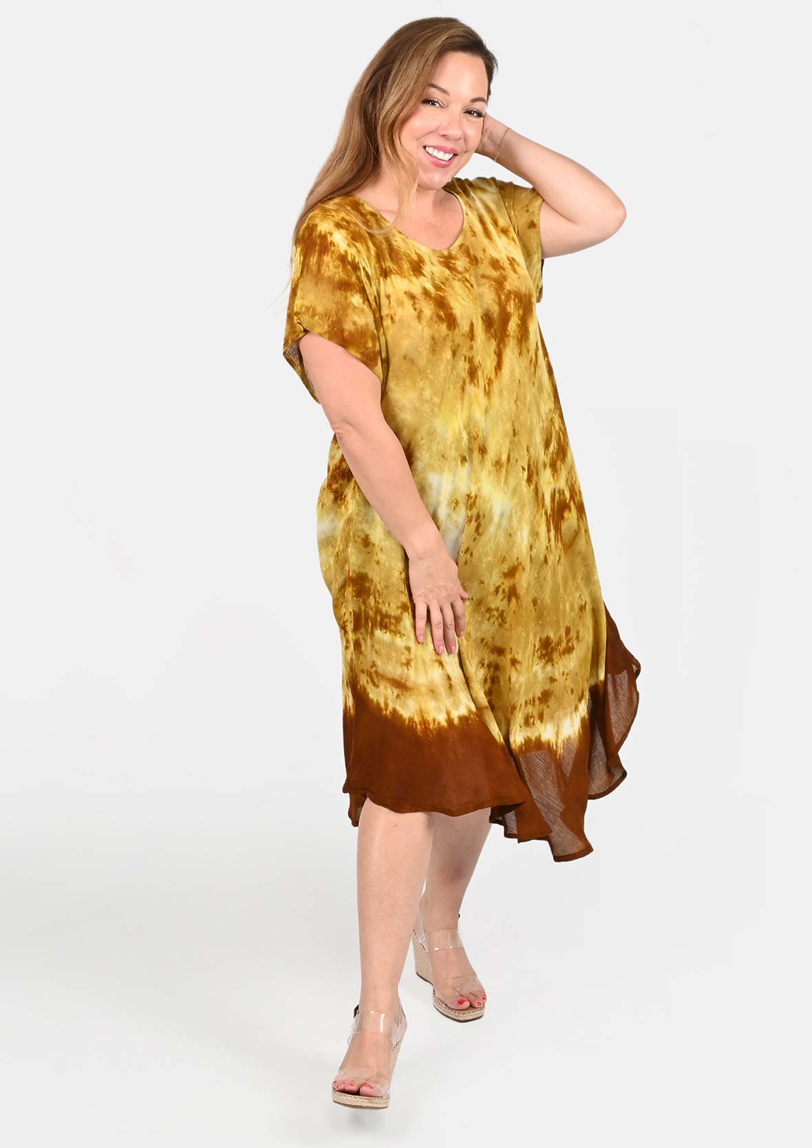 marble tie-dye mustard umbrella dress with sleeves #color_Mustard Brown Marble