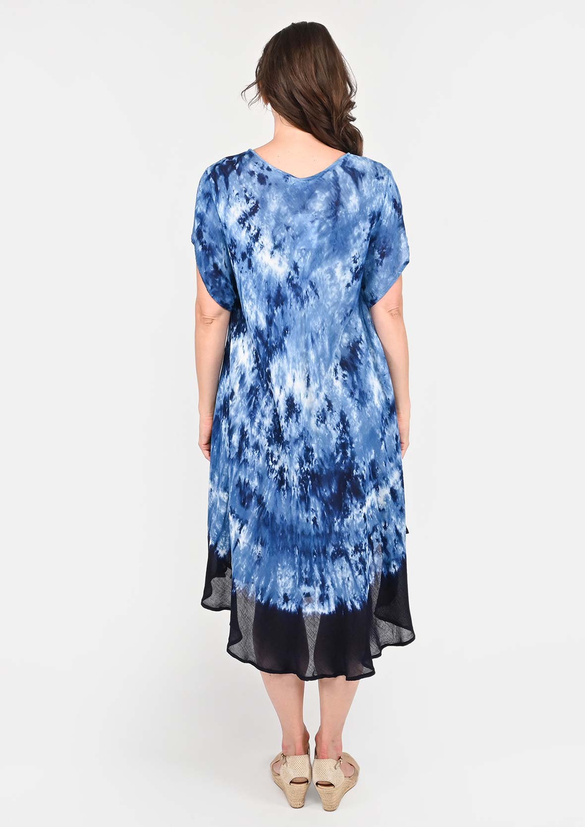 back side of marble tie-dye blue umbrella dress with sleeves #color_Cobalt Blue Marble