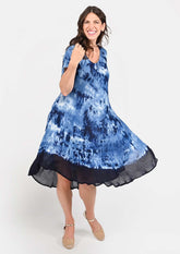marble tie-dye blue umbrella dress with sleeves #color_Cobalt Blue Marble