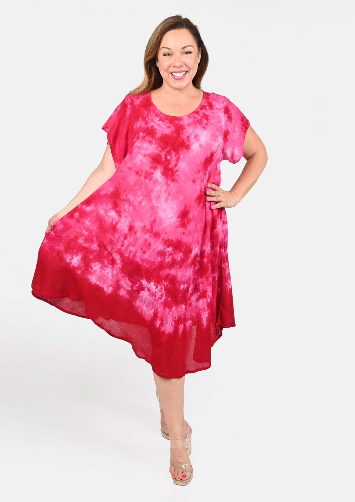 marble tie-dye pink umbrella dress with sleeves #color_Hot Pink Marble