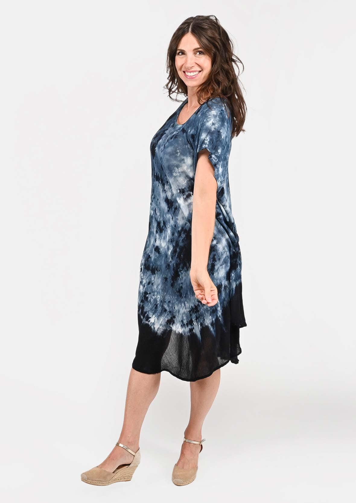 marble tie-dye gray black umbrella dress with sleeves #color_Slate Gray Black Marble