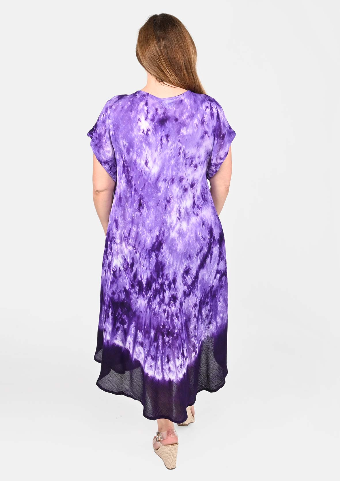 back side of marble tie-dye purple umbrella dress with sleeves #color_Purple Marble