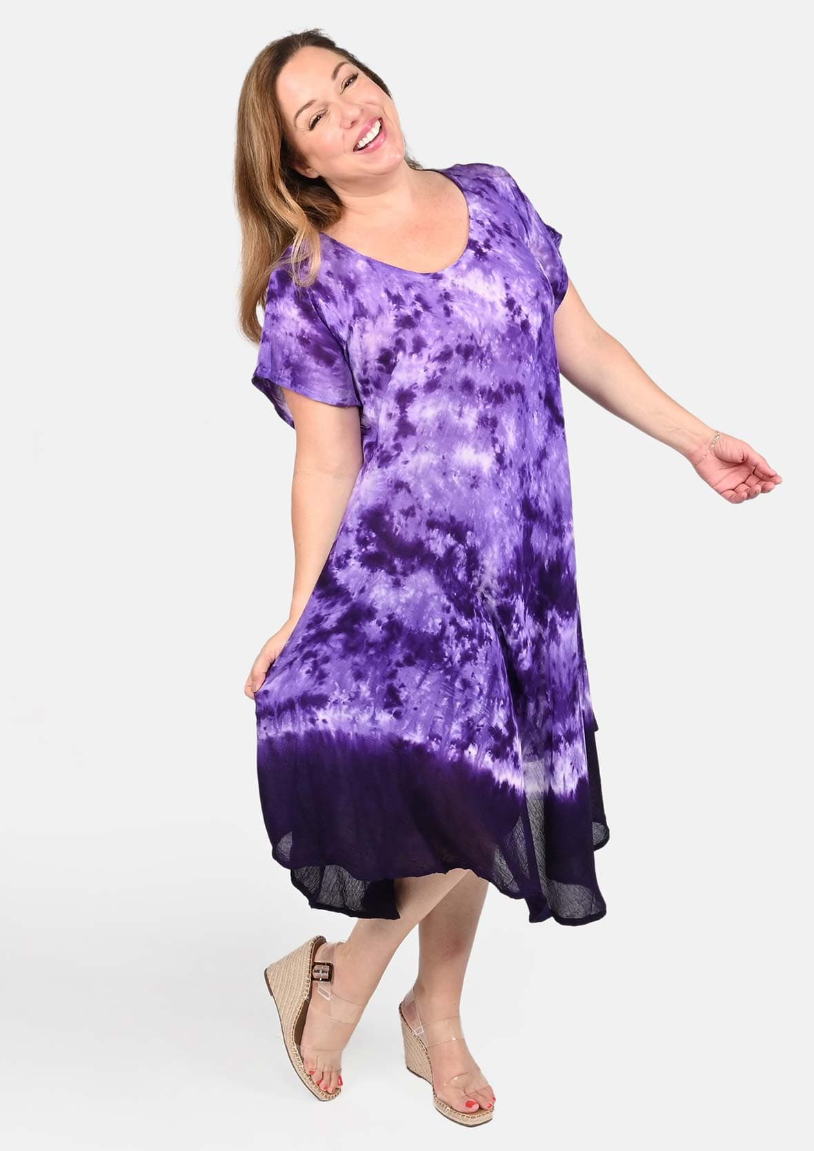 marble tie-dye purple umbrella dress with sleeves #color_Purple Marble