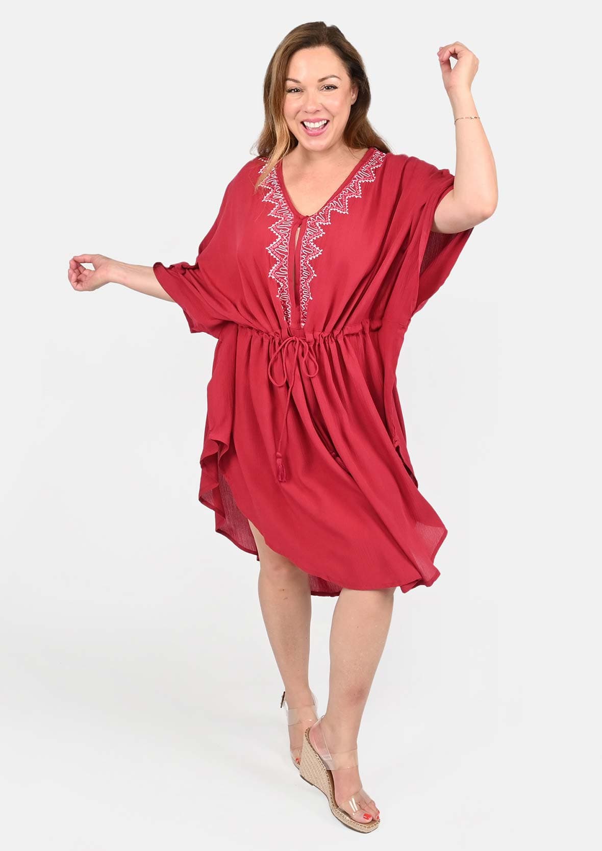embroidered red kaftan with waist-tie #color_Jam Red White