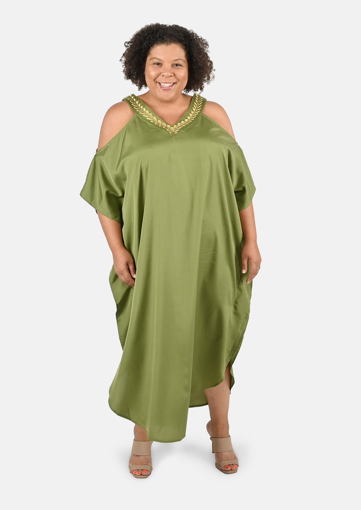 lady wearing embroidered v-neck long olive green kaftan #color_Olive with Embroidery