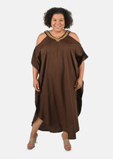 lady wearing embroidered v-neck long dark brown kaftan #color_Dark Brown