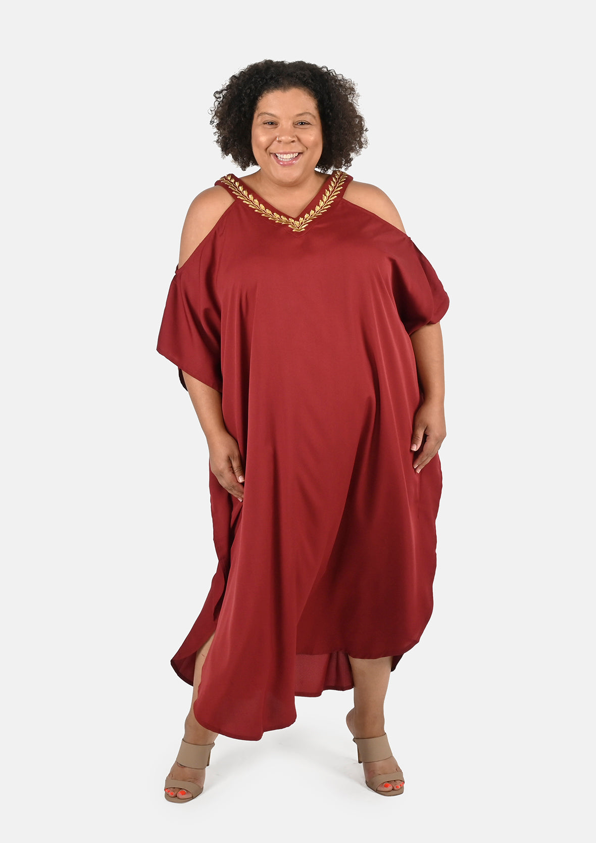 lady wearing embroidered v-neck long maroon kaftan #color_Maroon
