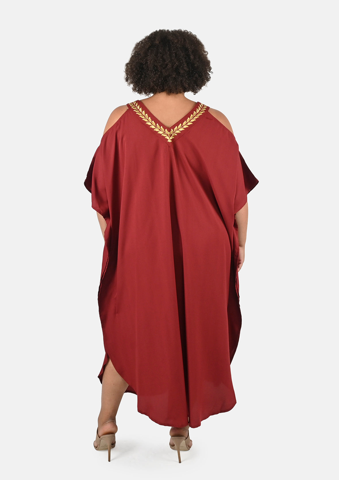 back side of embroidered v-neck long maroon kaftan #color_Maroon