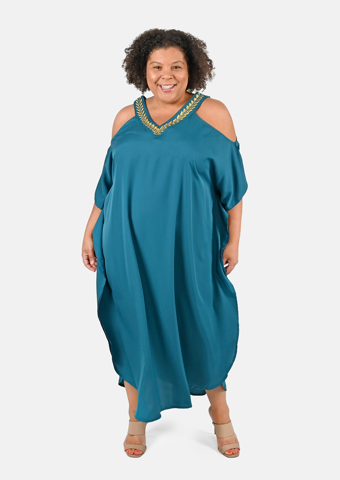 lady wearing embroidered v-neck long teal blue kaftan #color_Teal Blue with Embroidery