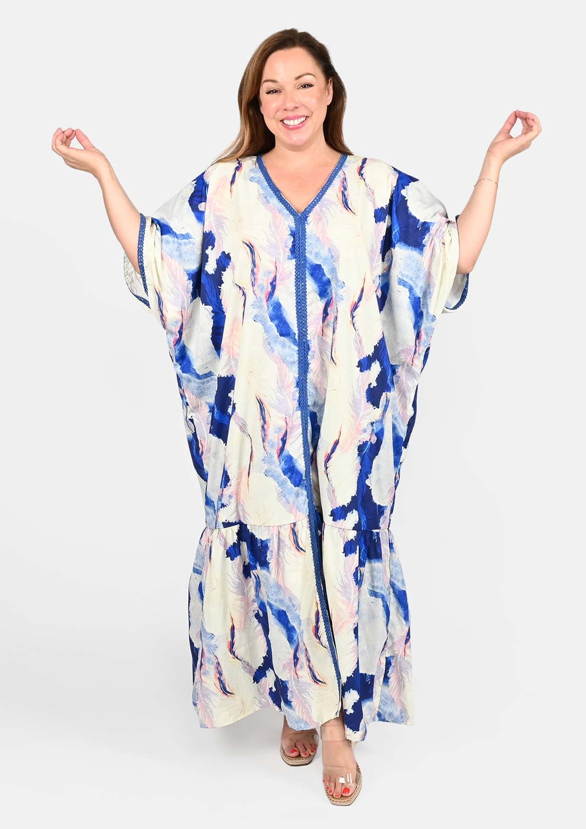 abstract feather print blue maxi kaftan #color_Navy Blue Ivory