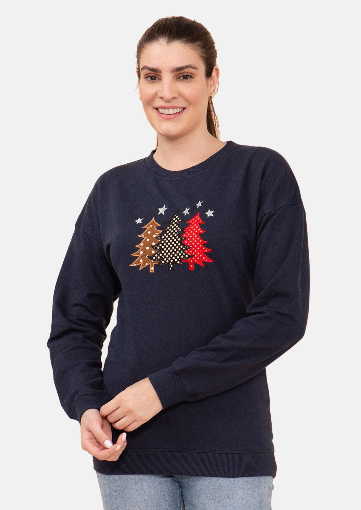 christmas tree graphics holiday navy sweatshirt #color_Navy Fleece