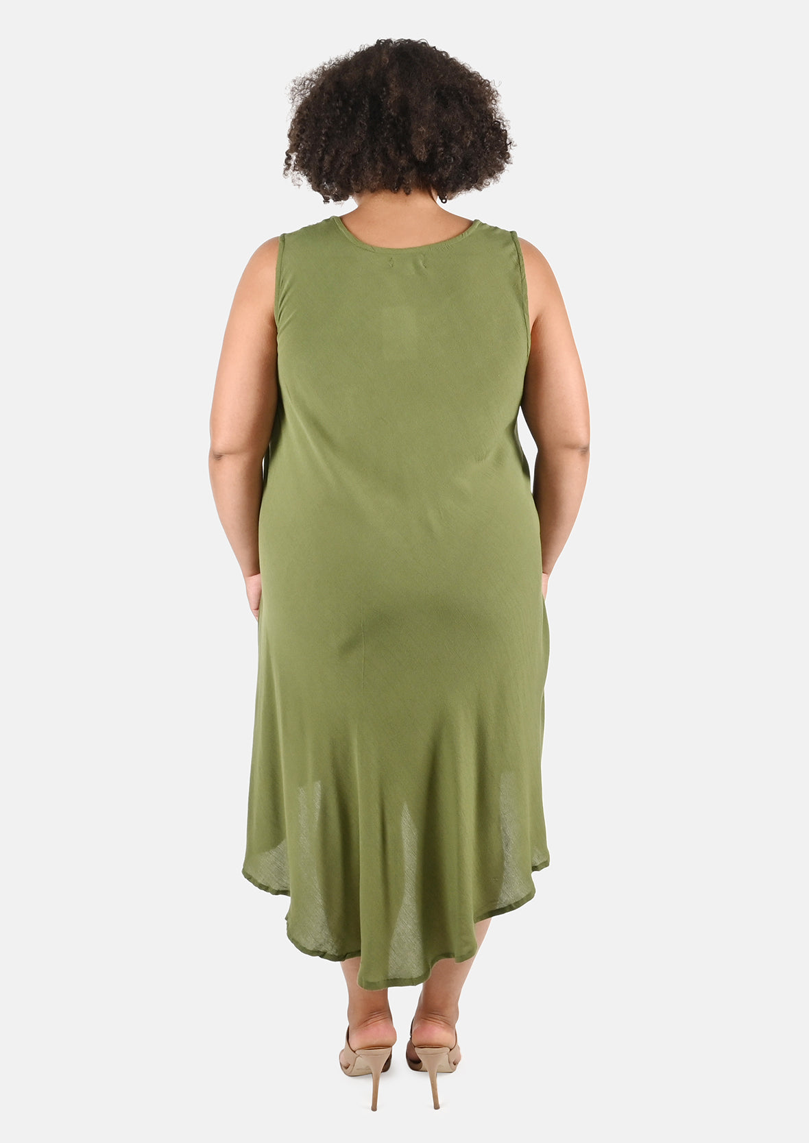 back side of embroidered olive umbrella dress with pockets #color_Olive