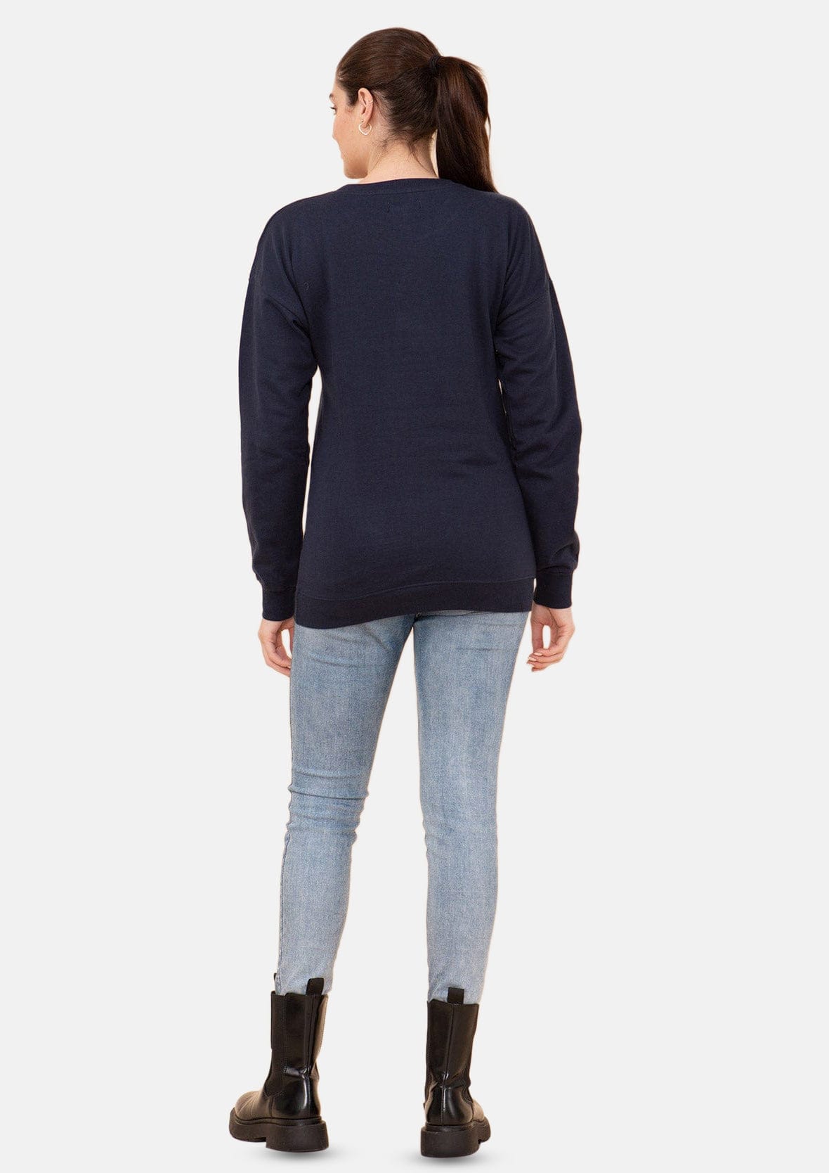 back side of leaf applique holiday navy sweatshirt #color_Navy Fleece