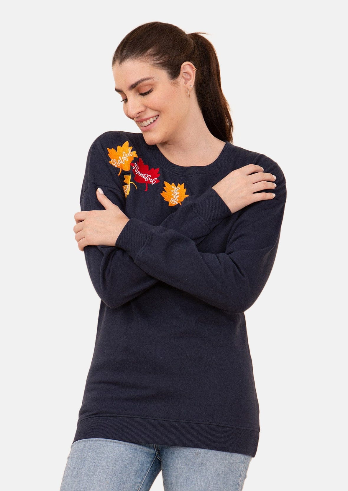 leaf applique holiday navy sweatshirt #color_Navy Fleece