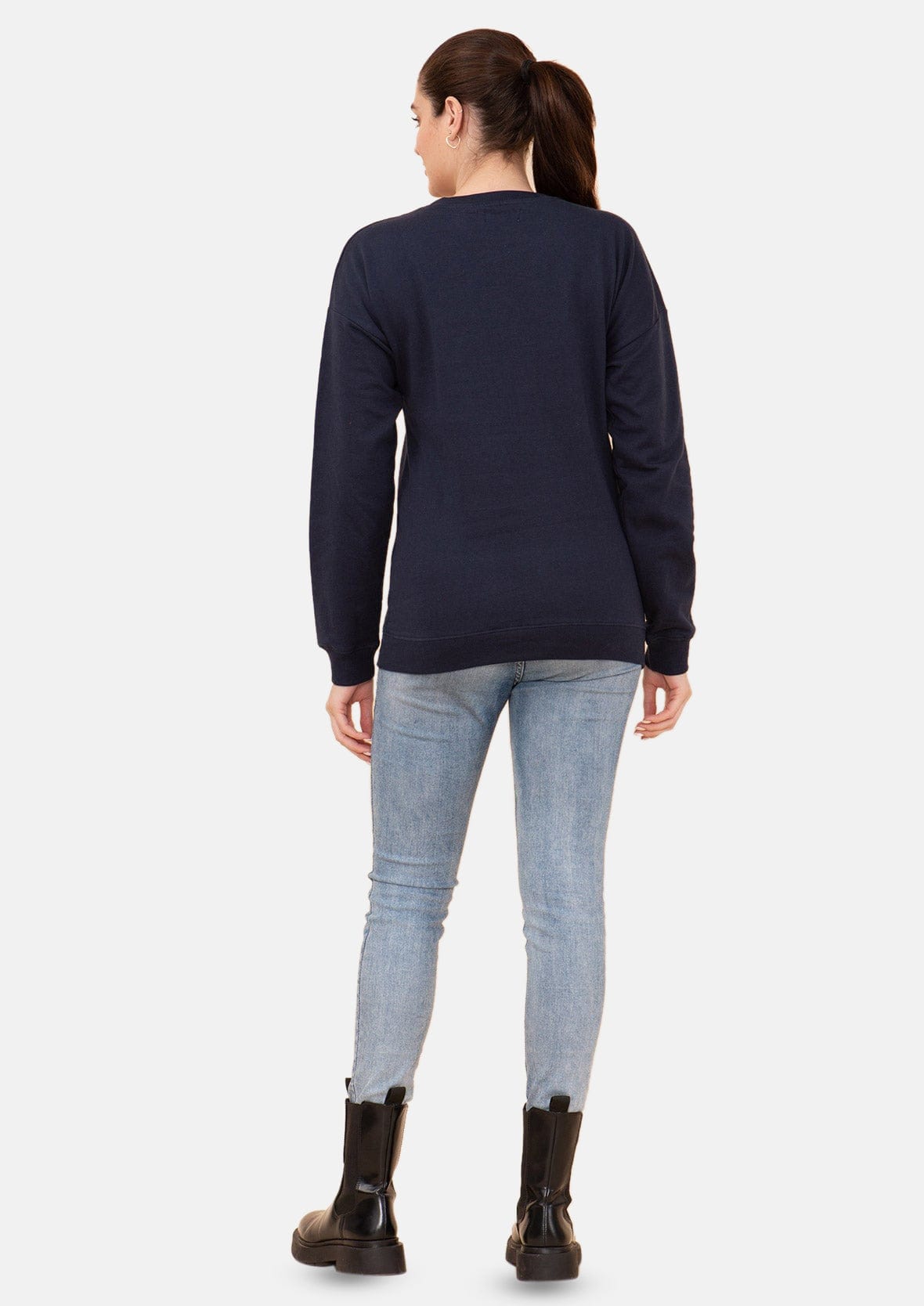 back side of pumpkin applique holiday navy sweatshirt #color_Navy Fleece