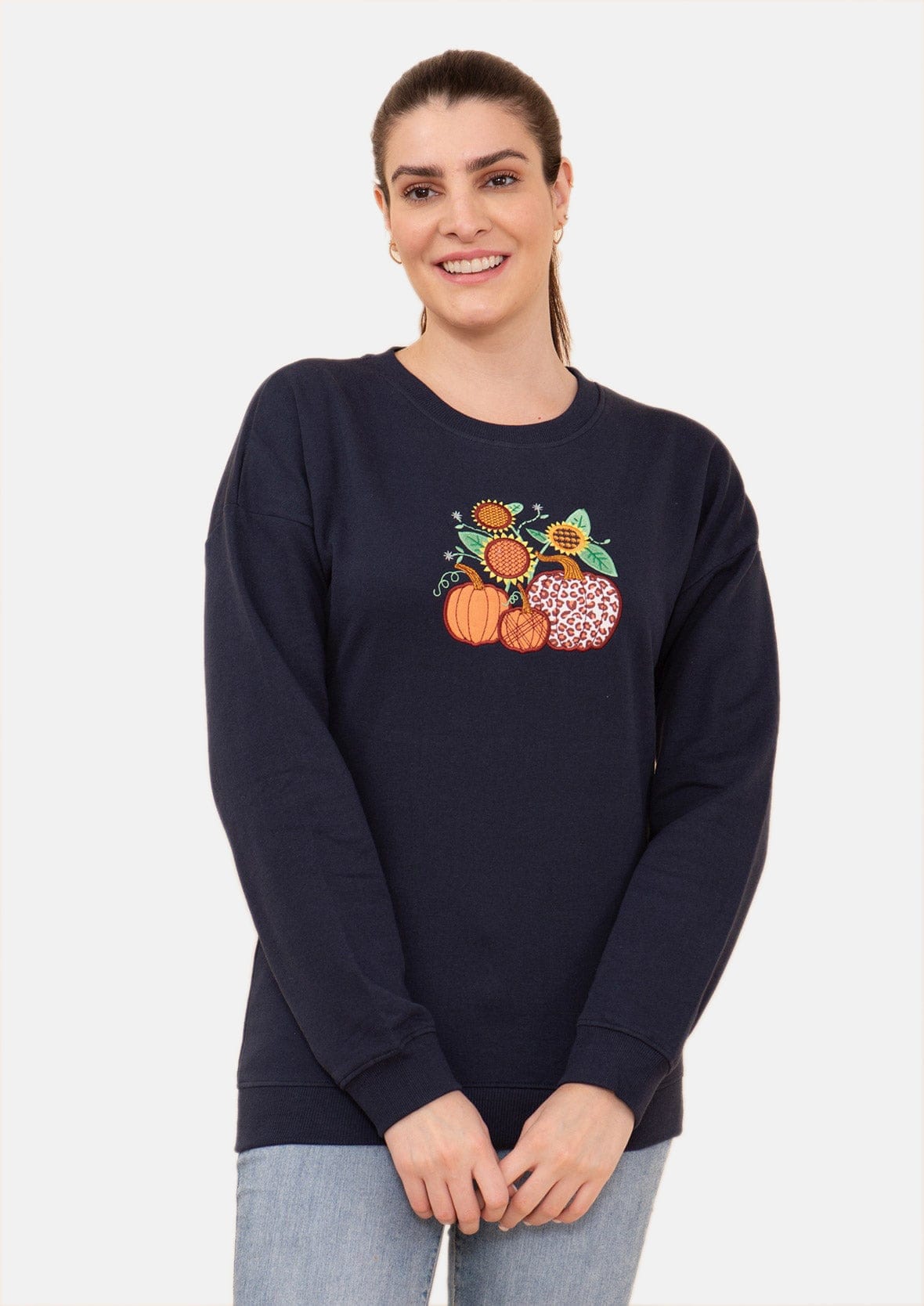 pumpkin applique holiday navy sweatshirt #color_Navy Fleece
