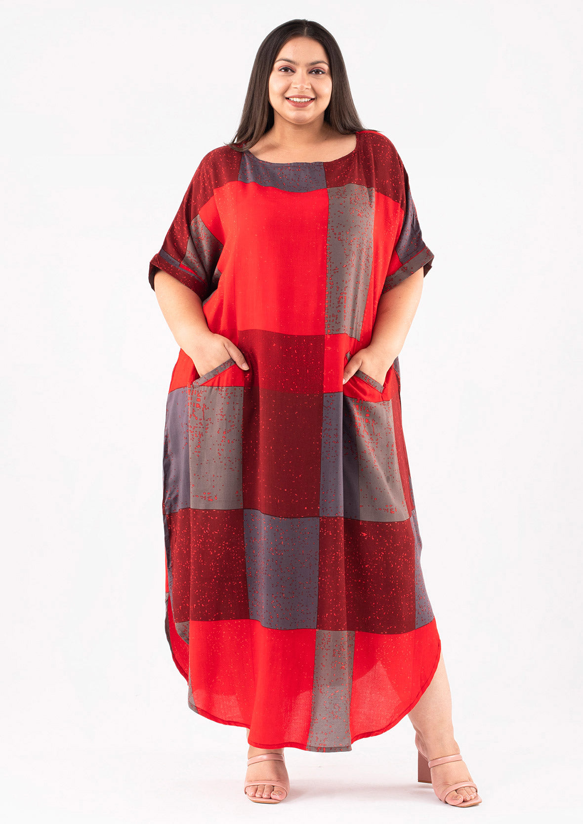 colorblock red maxi kaftan with pockets #color_Red Gray Abstract