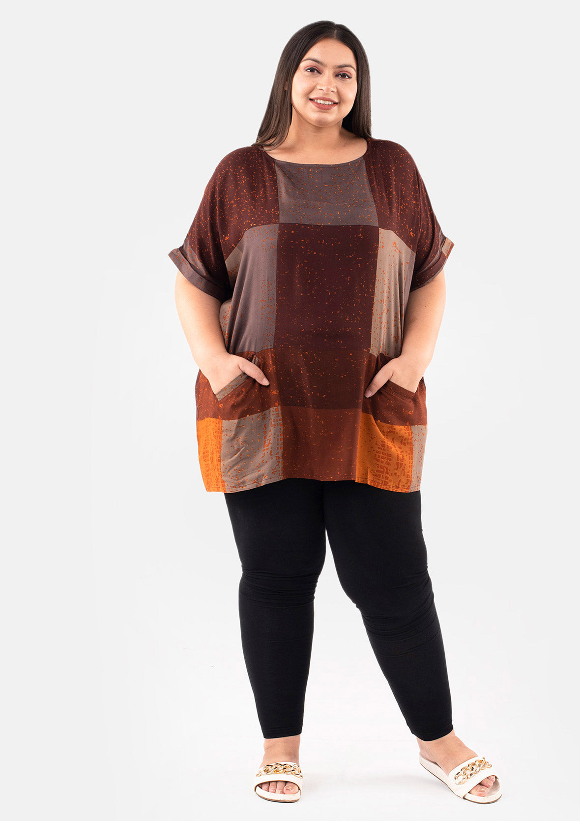 colorblock brown tunic with pockets #color_Brown Abstract