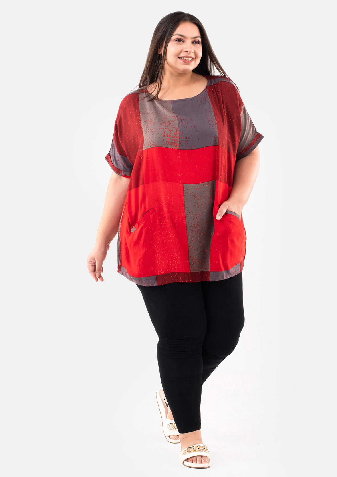 front look of colorblock red tunic with pockets #color_Red Gray Abstract