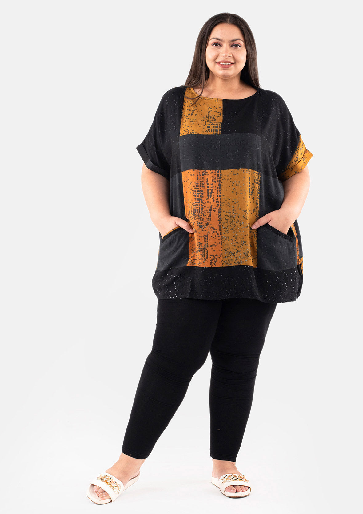 colorblock black tunic with pockets #color_Black Mustard 