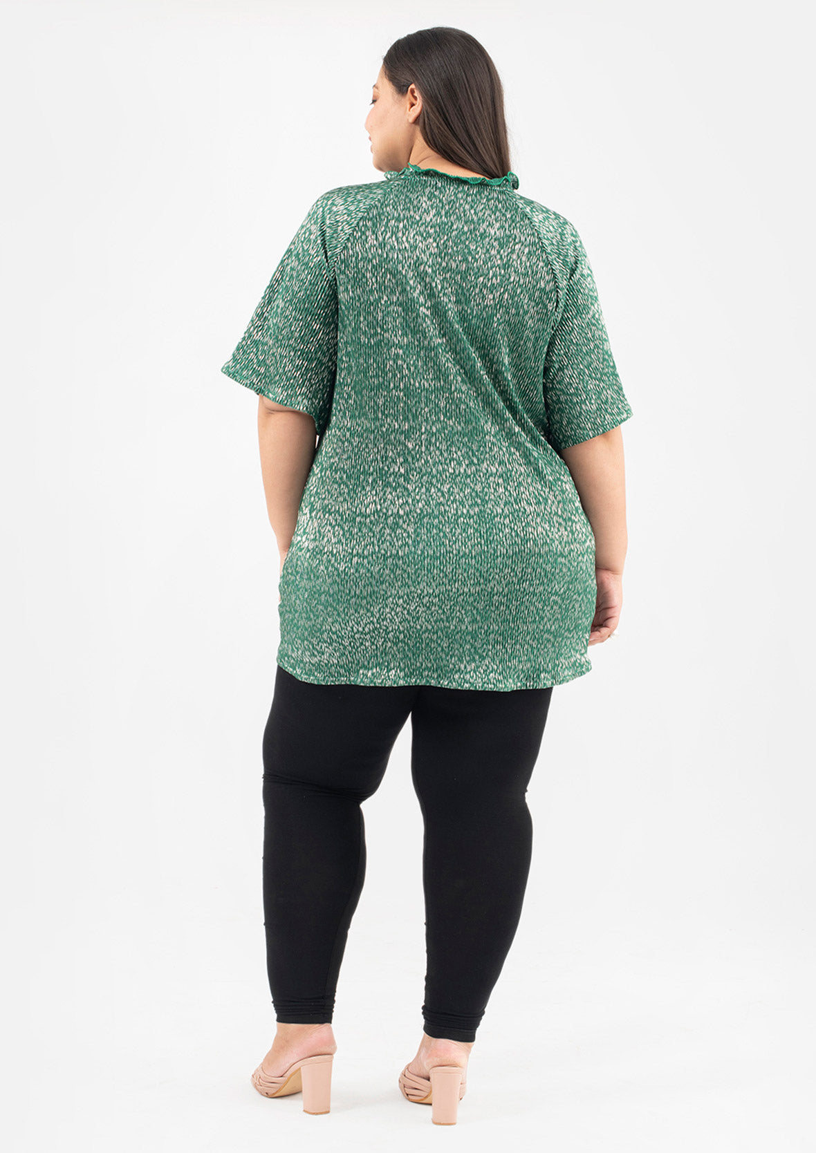back side of ruffle neck ikat print green tunic #color_Green White