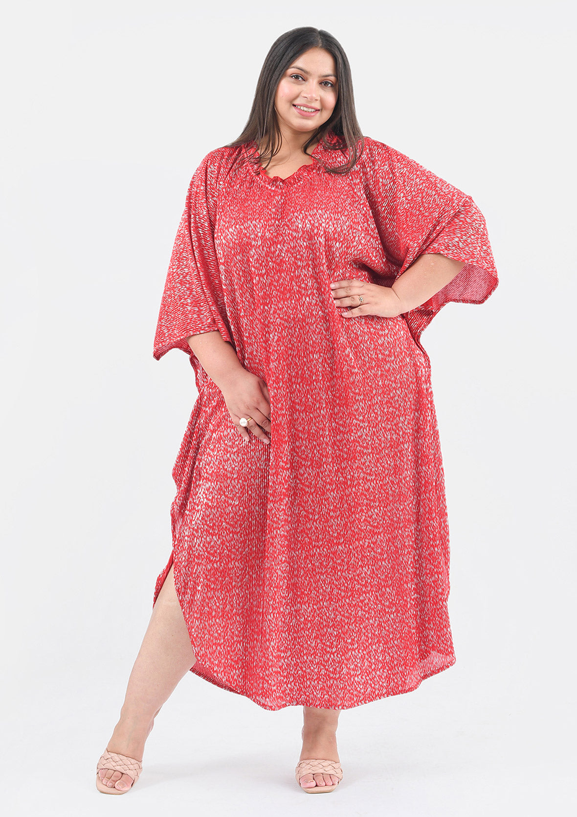 ruffle neck ikat red maxi kaftan #color_Red Silver