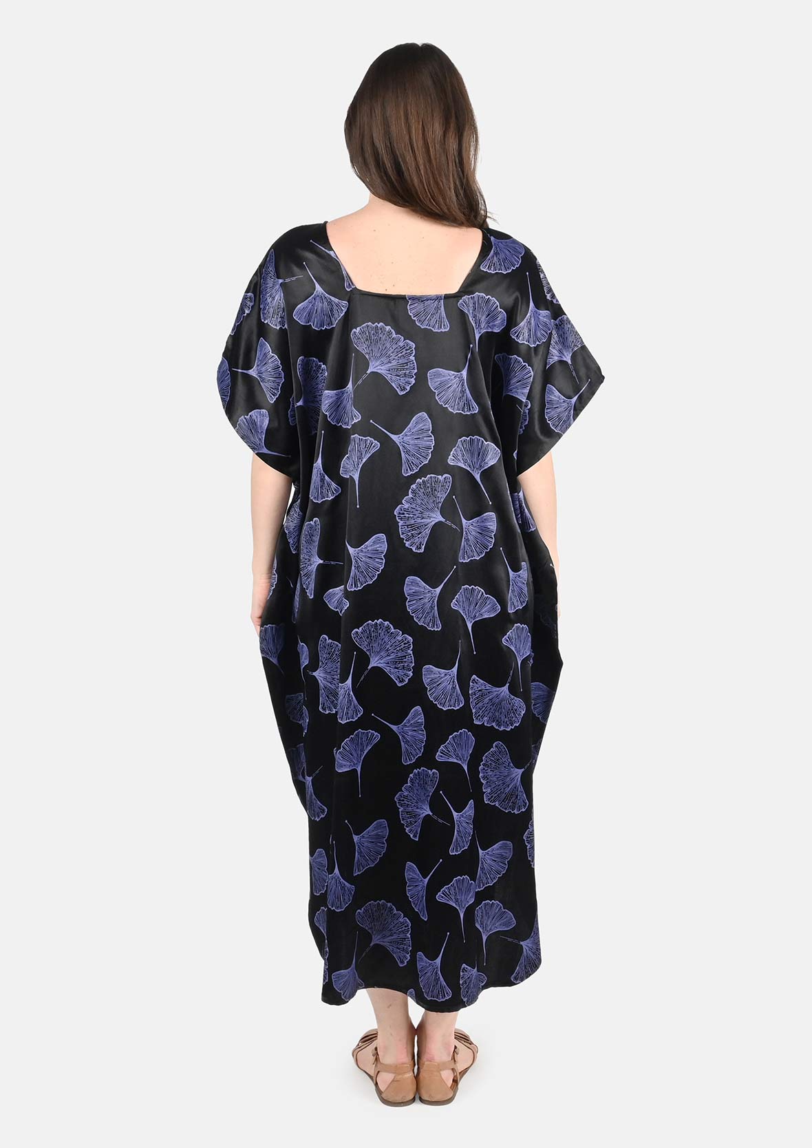 back side of leafy blue maxi kaftan dress #color_Blue Black