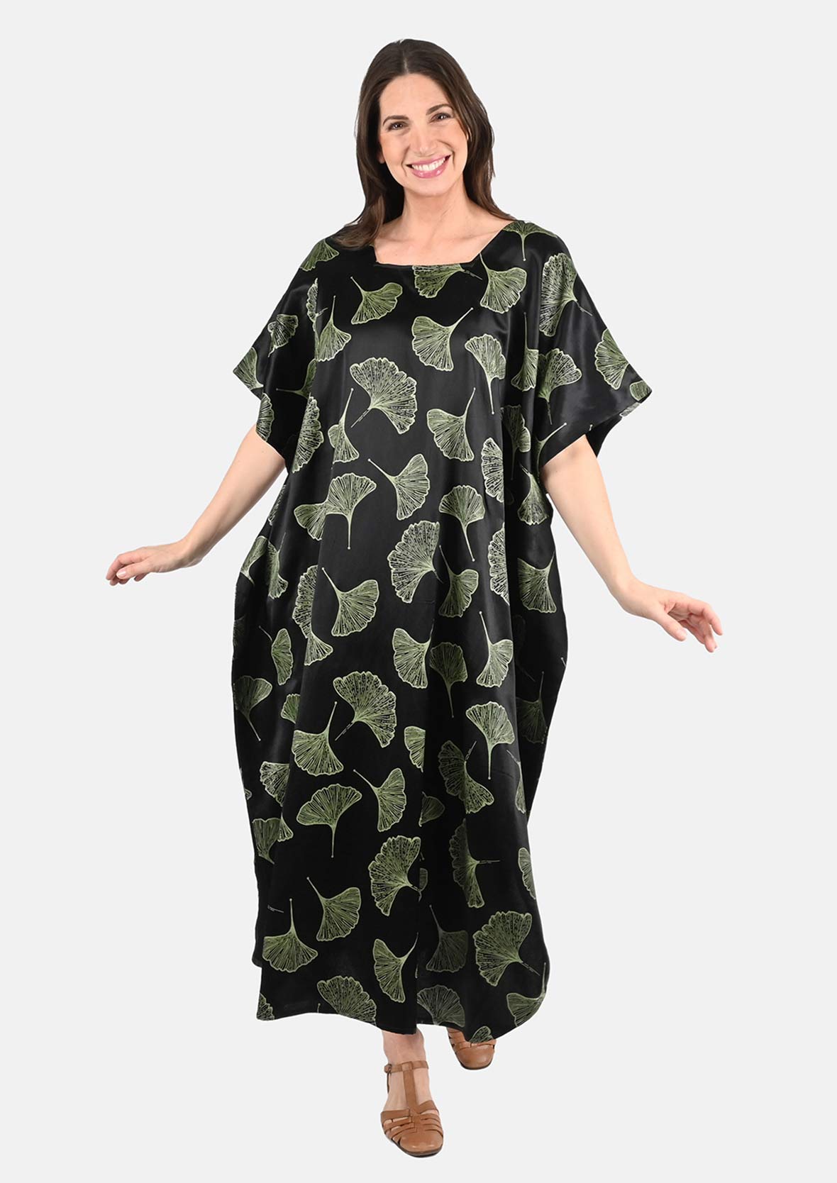 leafy green maxi kaftan dress #color_Green Black