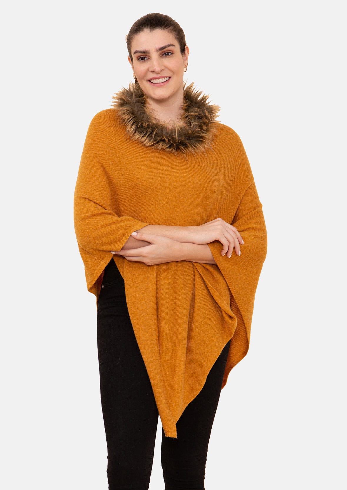 luxurious cashmere pashmina wool orange poncho with faux fur trim #color_Orange Wool