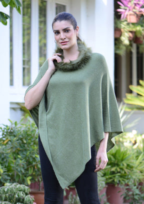 Luxurious Cashmere Pashmina Wool Poncho with Faux Fur Trim