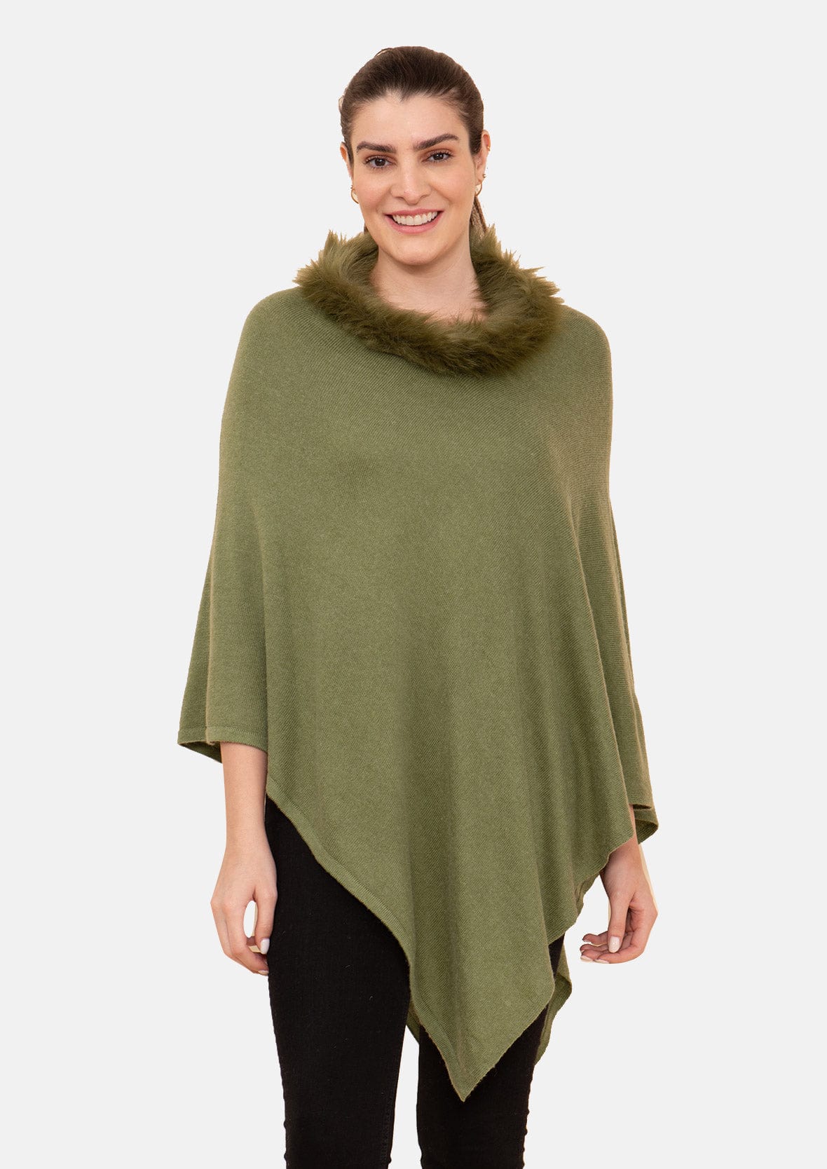 luxurious cashmere pashmina wool green poncho with faux fur trim #color_Green Wool