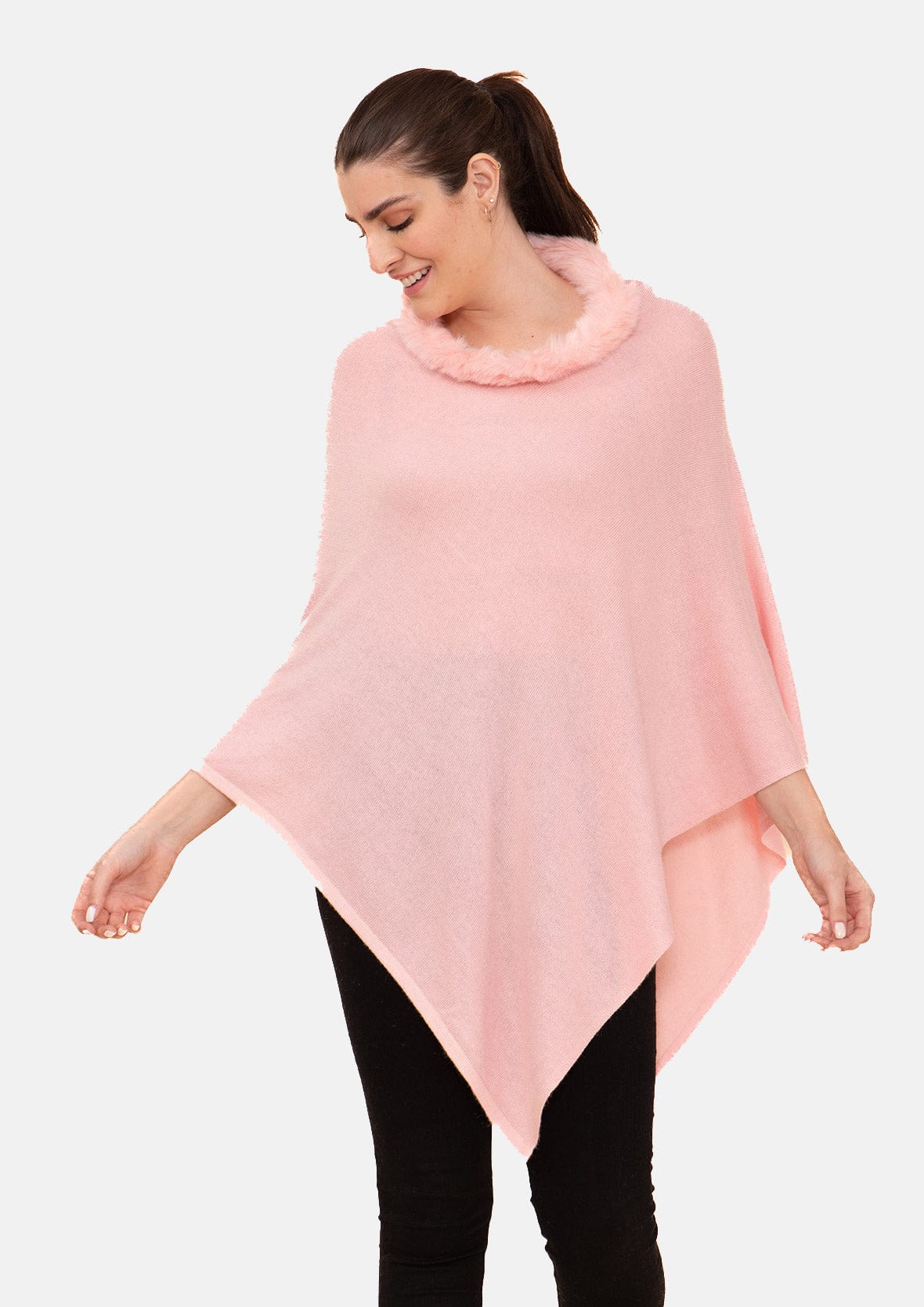 luxurious cashmere pashmina wool pink poncho with faux fur trim #color_Light Pink Wool