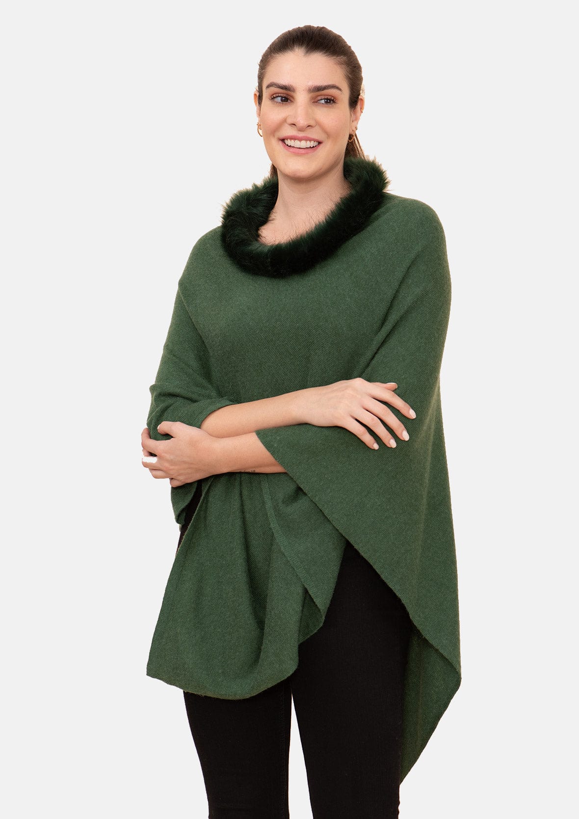 luxurious Cashmere pashmina wool olive poncho with faux fur trim #color_Dark Olive Wool